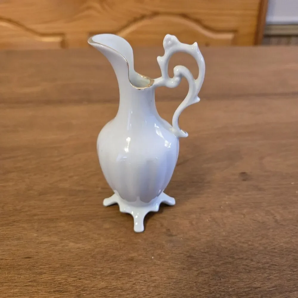 Vintage White Gold Leaf Fluted Creamer Pitcher Bud Vase, 5